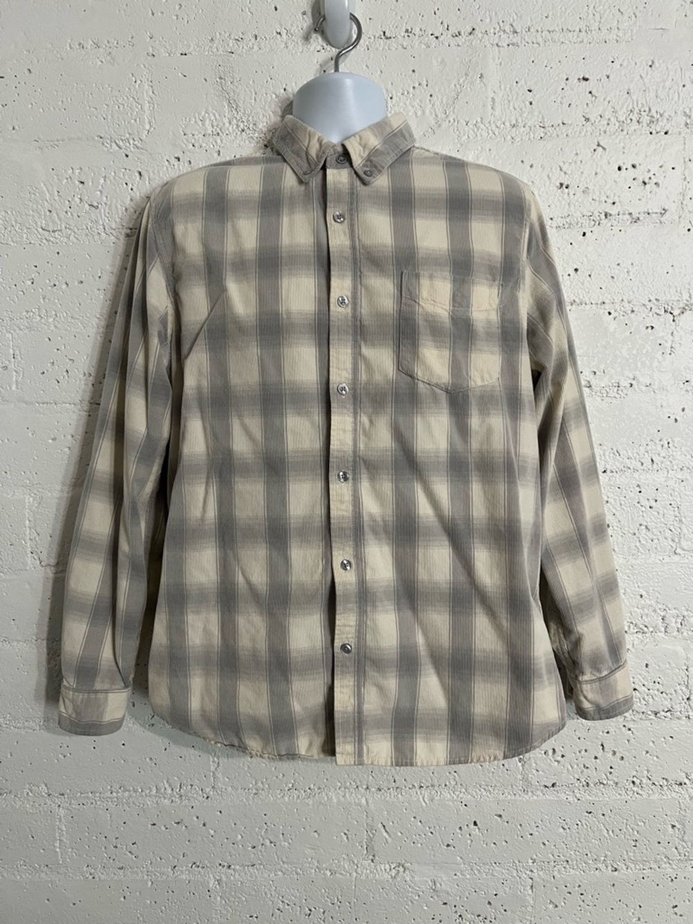 Ben Sherman Casual Button Down Shirt L Cream Gray Plaid Corduroy Long Sleeve BV6
